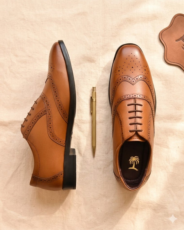 Men Tan Brogue Formal Leather Shoes