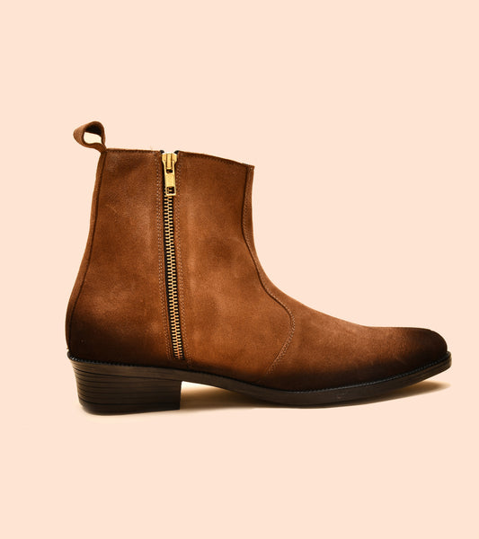 Men's Brown Suede Zipper Chelsea Boot | Cuban Heal — OBOT