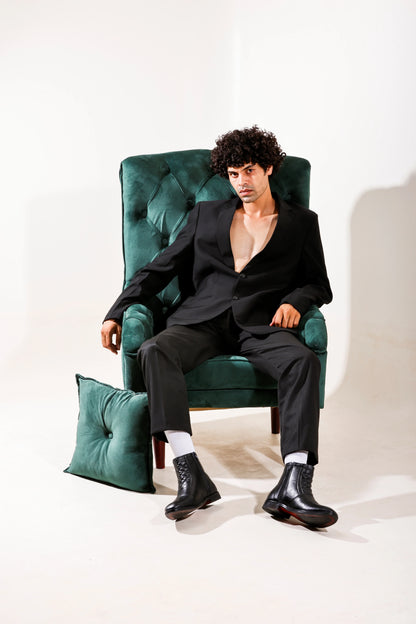 Men Black Leather Textured Chelsea Boots - obotoriginal