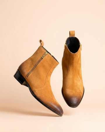Men's Tan Brown Suede Zipper Chelsea Boot | Cuban Heel