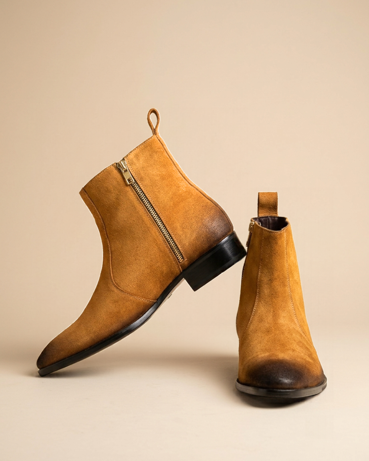 Men's Tan Brown Suede Zipper Chelsea Boot | Cuban Heel