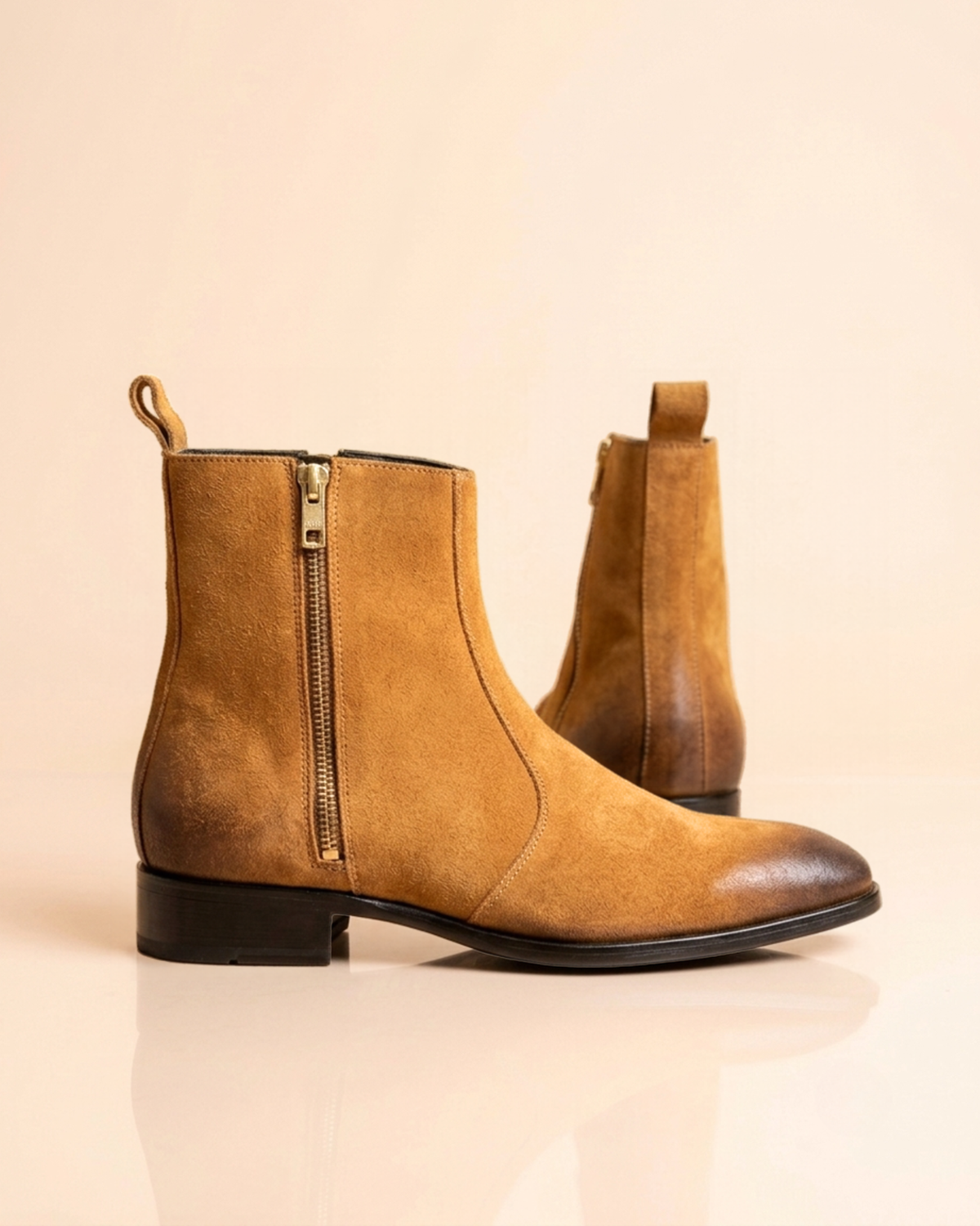 Men's Tan Brown Suede Zipper Chelsea Boot | Cuban Heel