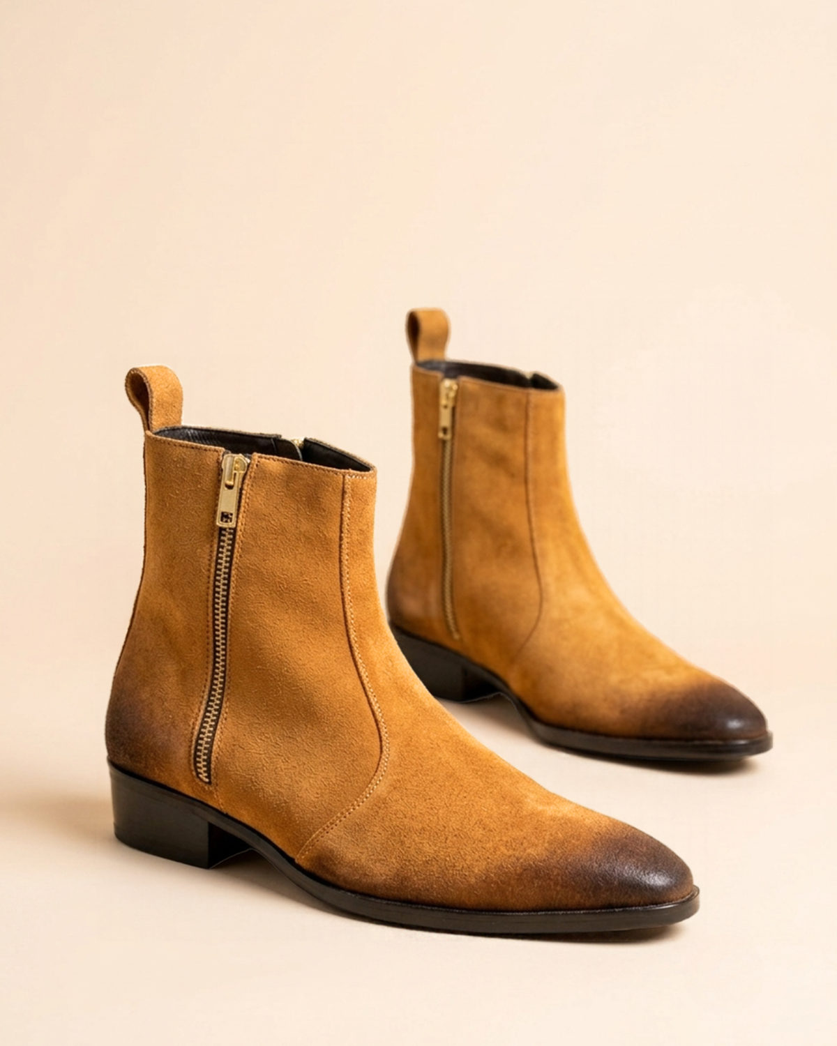 Men's Tan Brown Suede Zipper Chelsea Boot | Cuban Heel