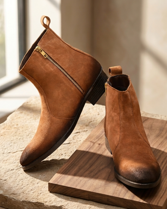 Men's Brown Suede Zipper Chelsea Boot | Cuban Heal — OBOT