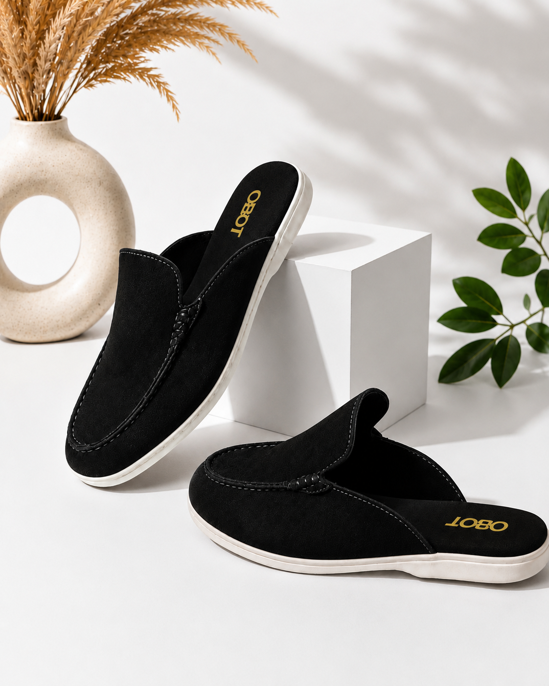 Men's Suede Mules |Black Slip-On Loafer Mules for Men — OBOT