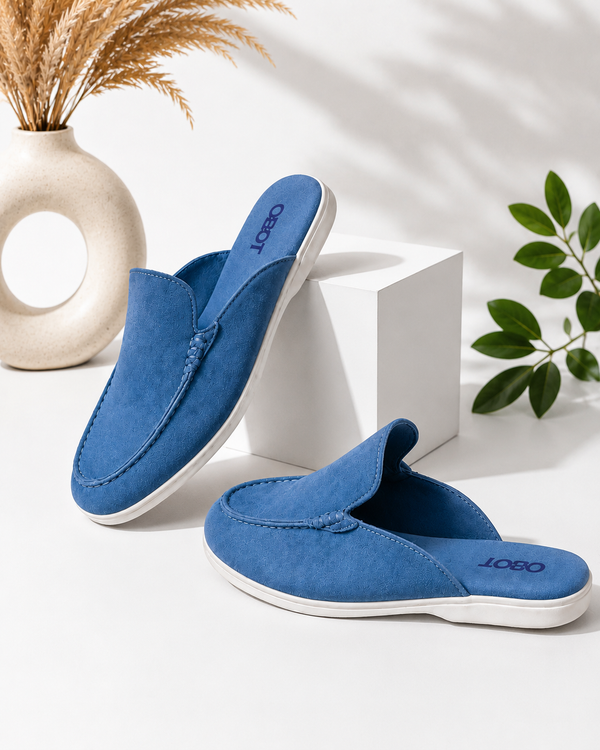 Men's Suede Mules |Blue Slip-On Loafer Mules for Men — OBOT