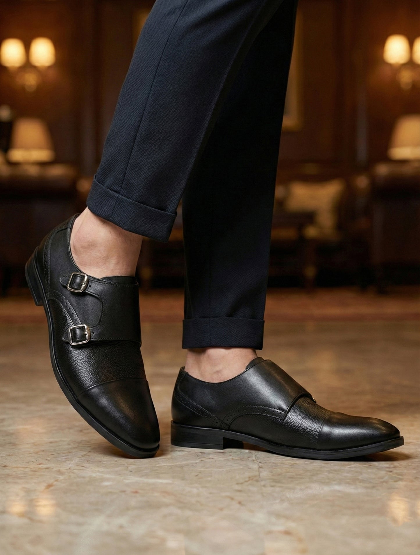 Men Black Leather Monkstrap